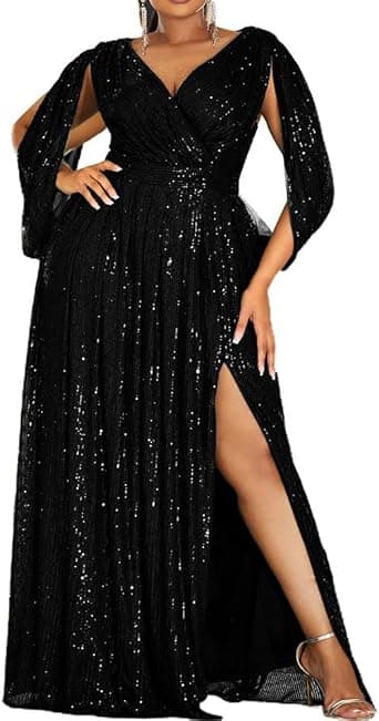 Black plus-size V-neck sequin evening dress