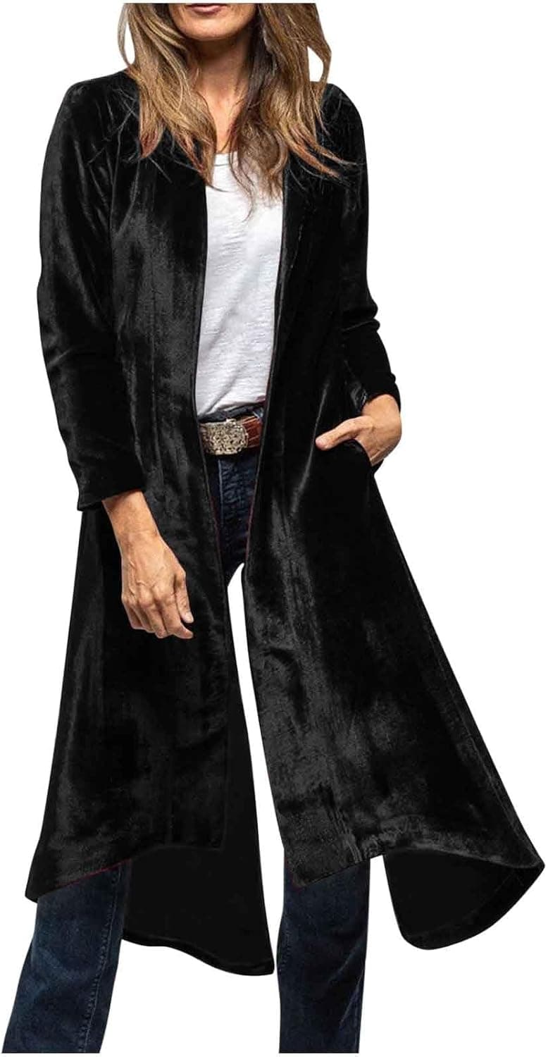 Black velvet open-front duster/cardigan — closest long-layer match, up to XXL