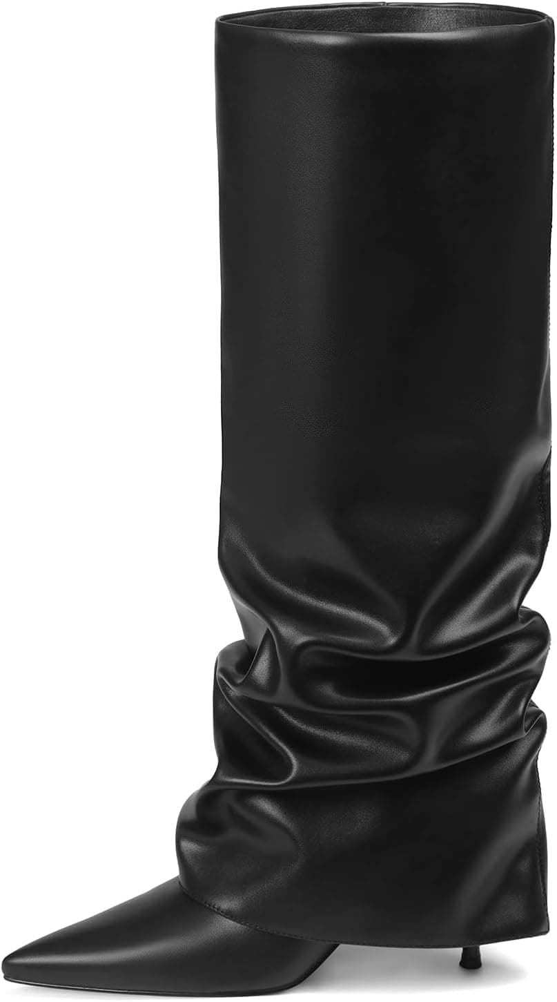 Black wide-calf fold-over slouch boots — closest pointed over-the-knee silhouette, sizes 6–11