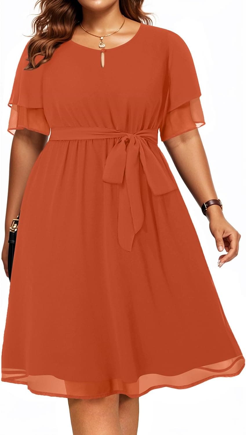 Burnt-orange plus-size cocktail midi dress — sizes 14–26 Plus; closest rust color, not an exact pleated cut