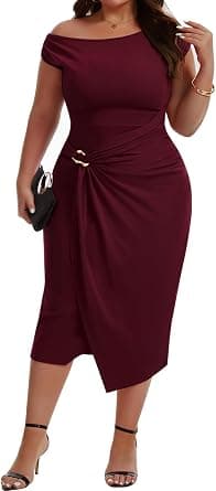 Burgundy plus-size off-shoulder midi dress