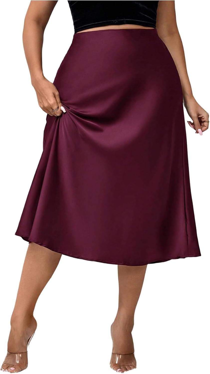 Burgundy plus-size satin midi skirt alternative — sizes Large Plus–4XL Plus; A-line and low-review listing