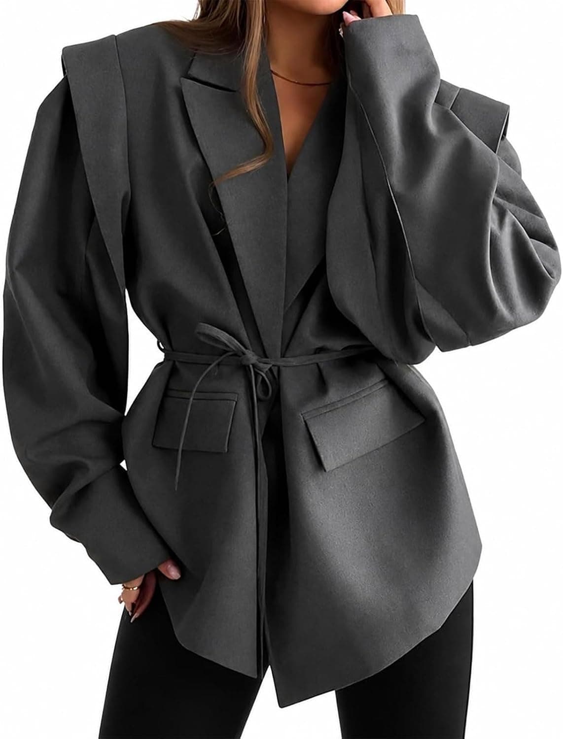 Gray plus-size cape-shoulder blazer — size range through 3XL, closest tailored cape layer