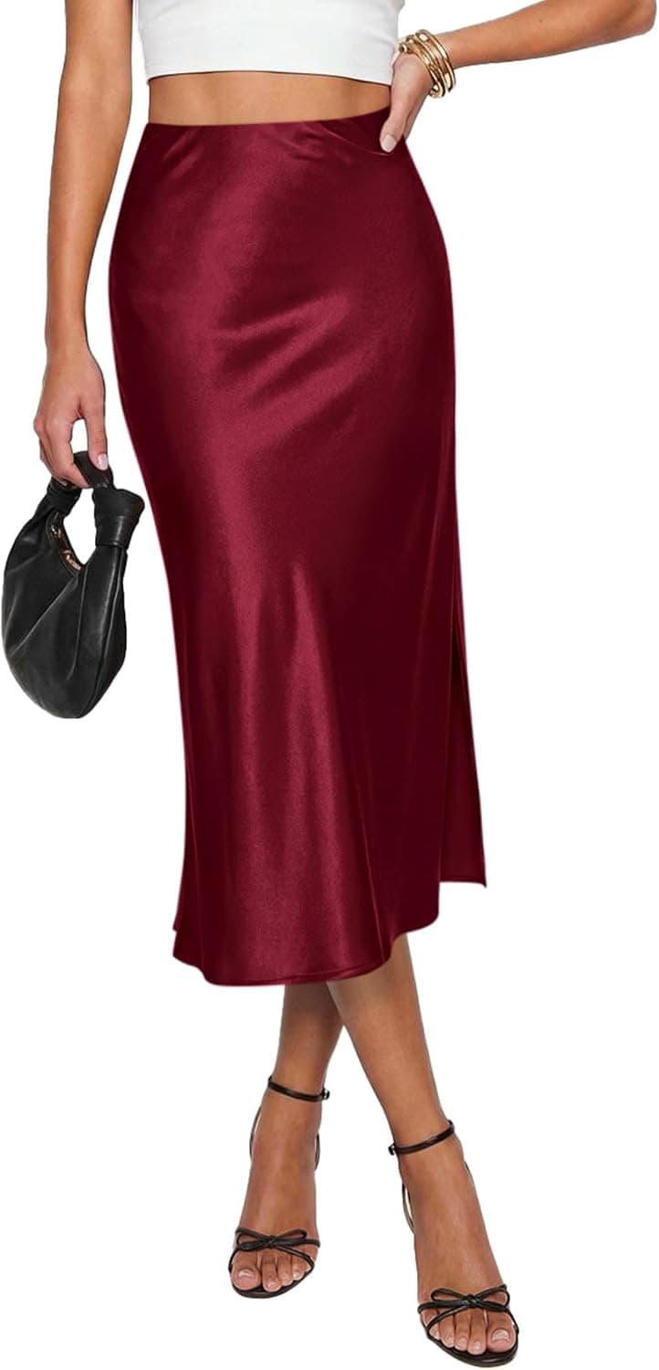 Burgundy satin slip midi skirt — closest exact silhouette/color match, sizes S–XXL (not explicitly plus)