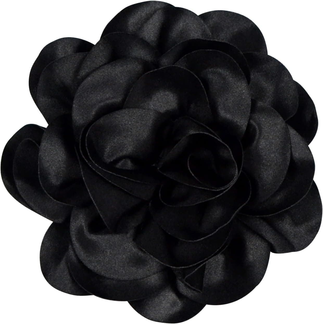 Black oversized satin camellia flower brooch — 7.5 inches