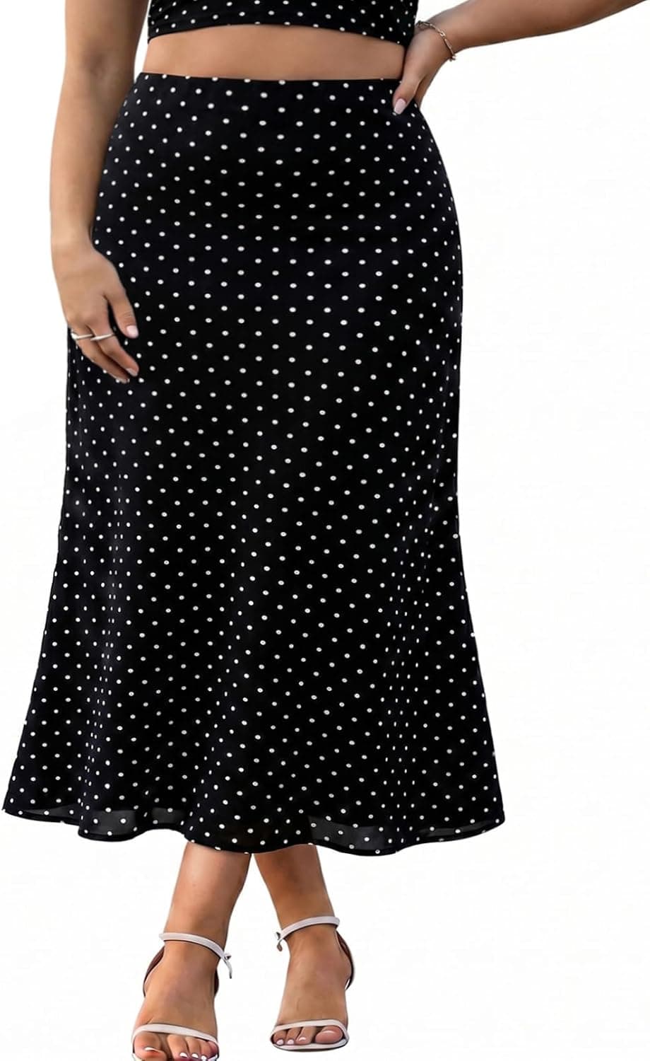Black plus-size polka-dot mesh skirt — sizes 1X–5X