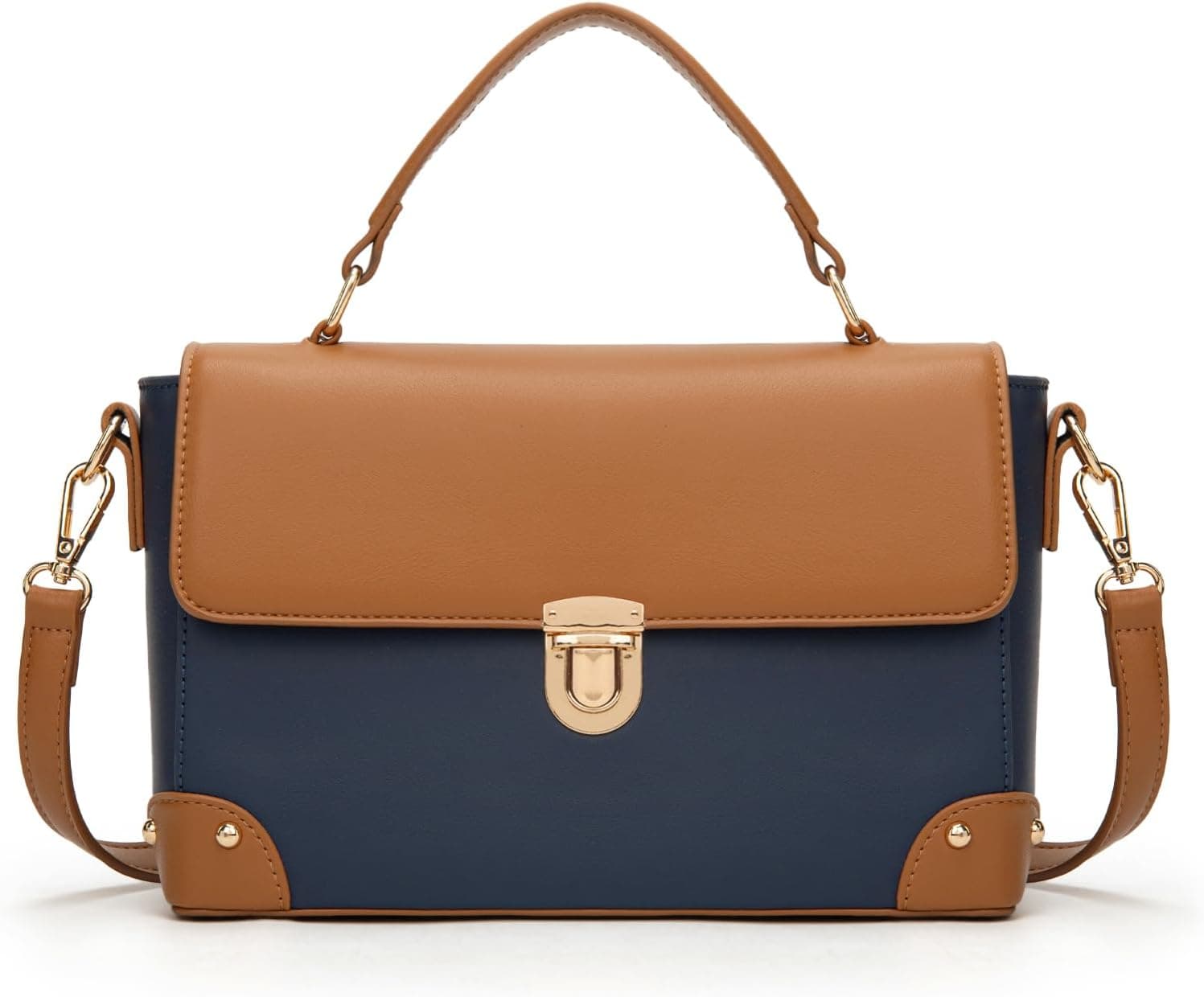Navy structured top-handle handbag with brown straps — closest source bag match