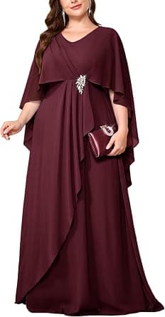 Burgundy plus-size chiffon cape-sleeve evening gown