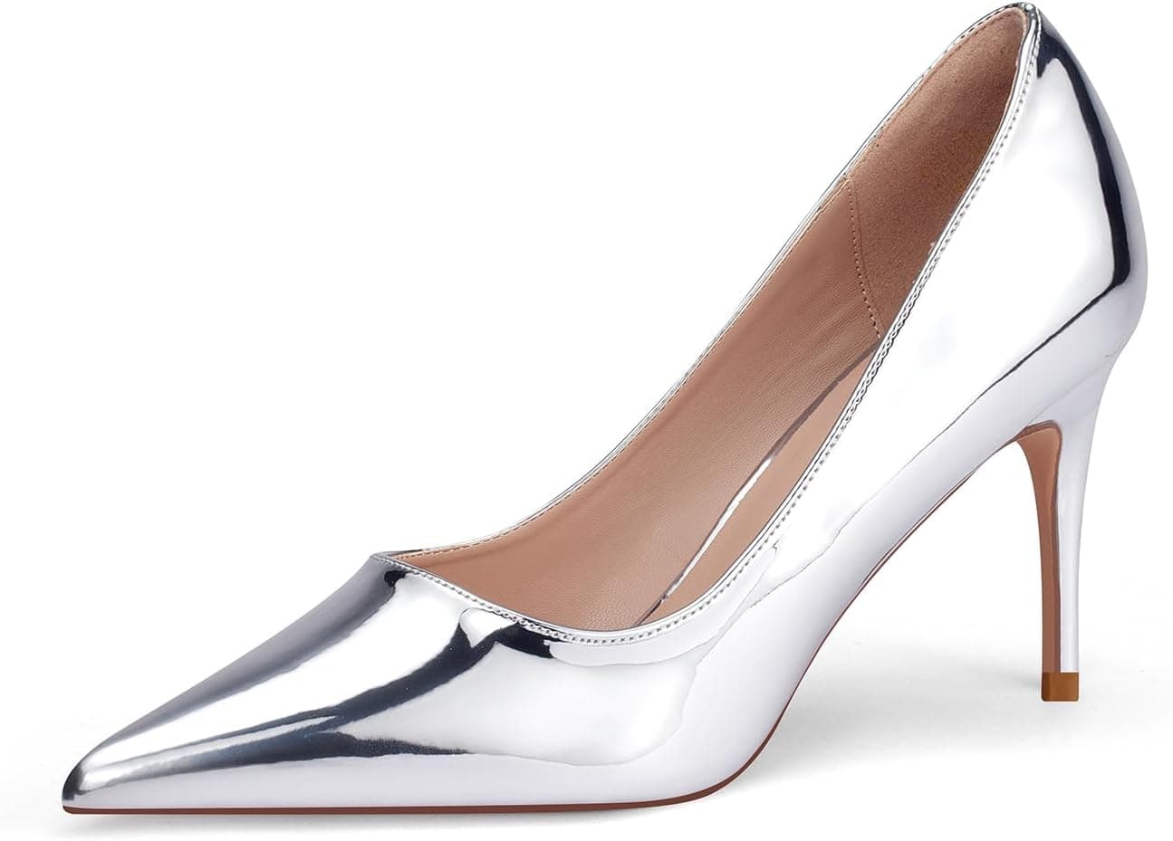 Metallic-silver pointed-toe pumps — sizes 6–11
