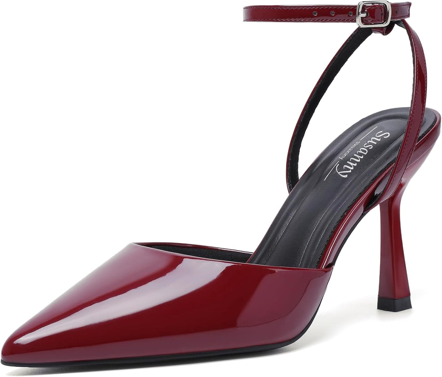 Burgundy patent pointed-toe pumps — sizes shown through 11