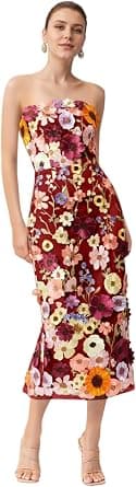 Burgundy plus-size 3D-flower strapless midi dress