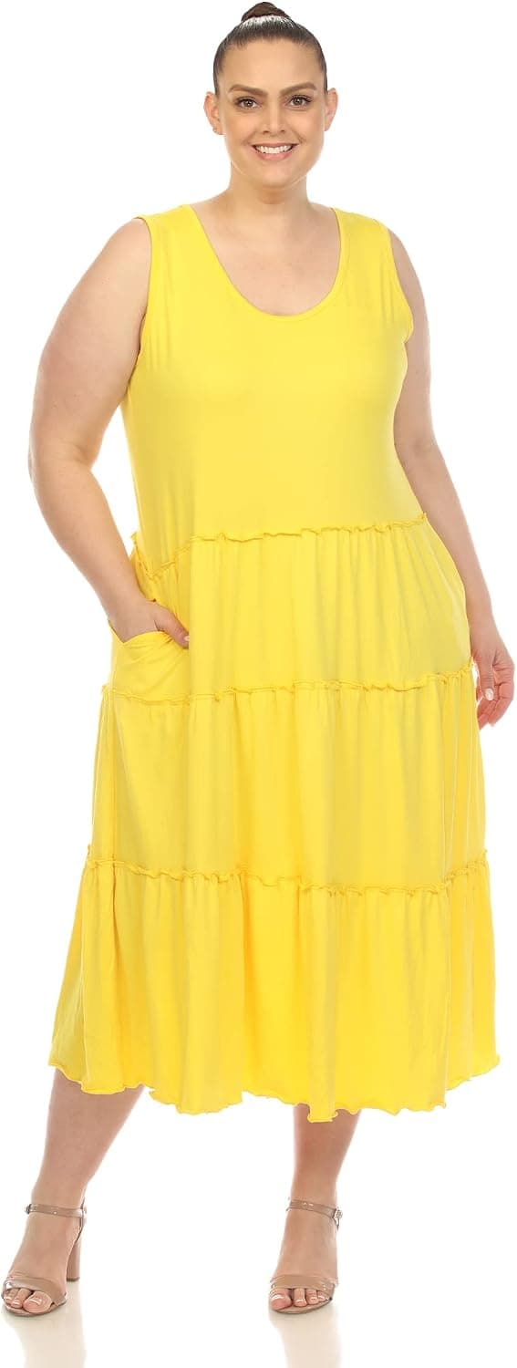 Canary-yellow plus-size tiered midi dress — closest solid-yellow match, sizes 1X–3X