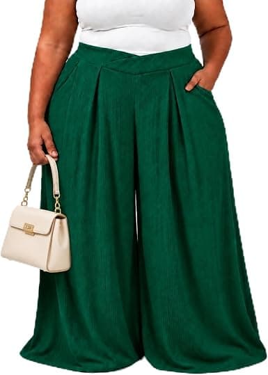 Green plus-size pleated wide-leg pants