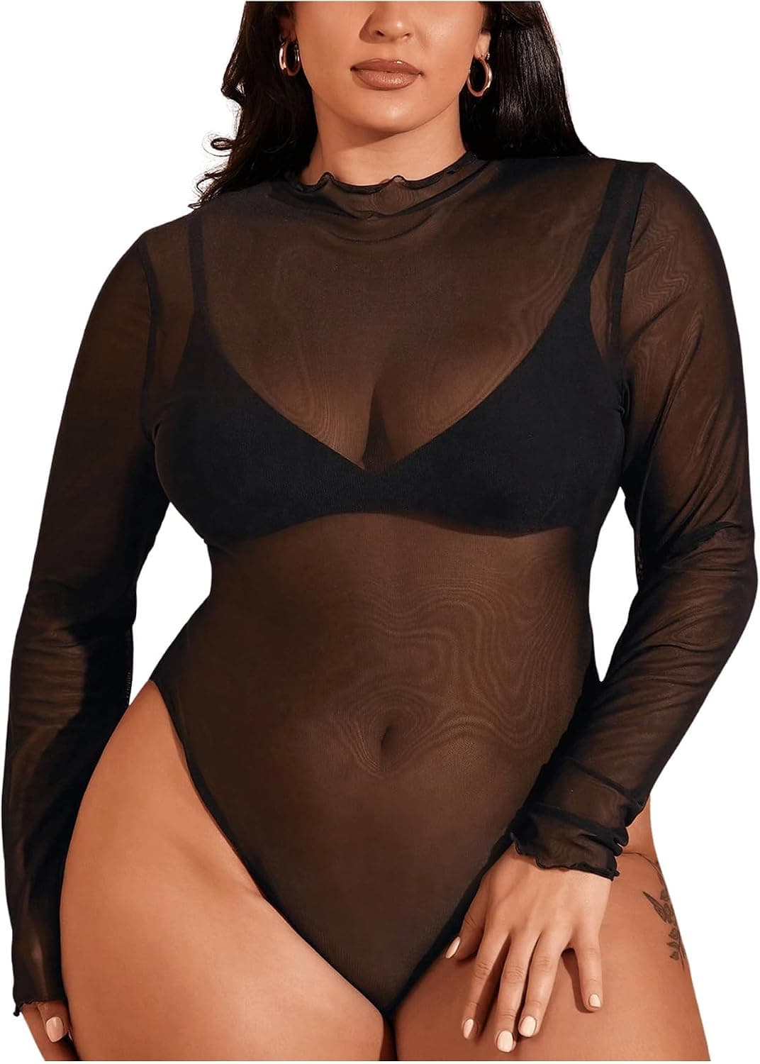 Black plus-size sheer mesh long-sleeve bodysuit — sizes XL Plus–4XL Plus