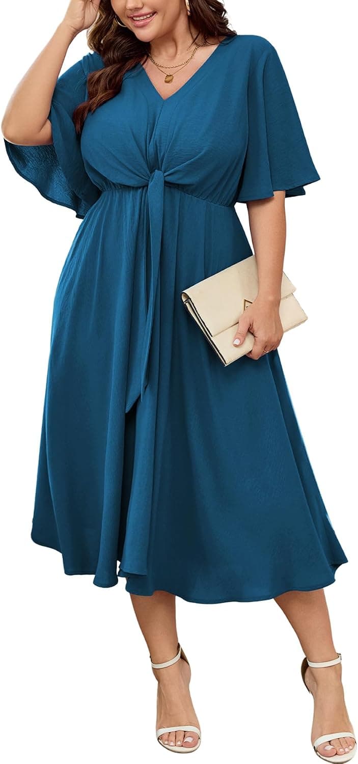 Teal plus-size fit-and-flare midi dress — closest jewel-tone match, sizes Large Plus–4XL Plus