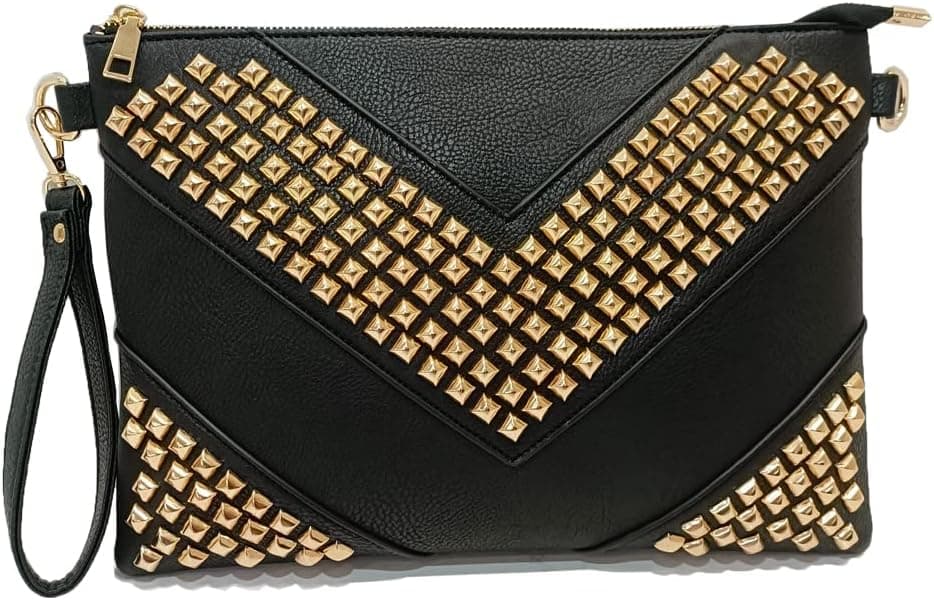 Black-and-gold studded envelope clutch — closest studded-bag match