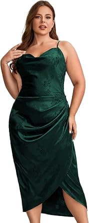Olive-green plus-size satin cowl-neck dress