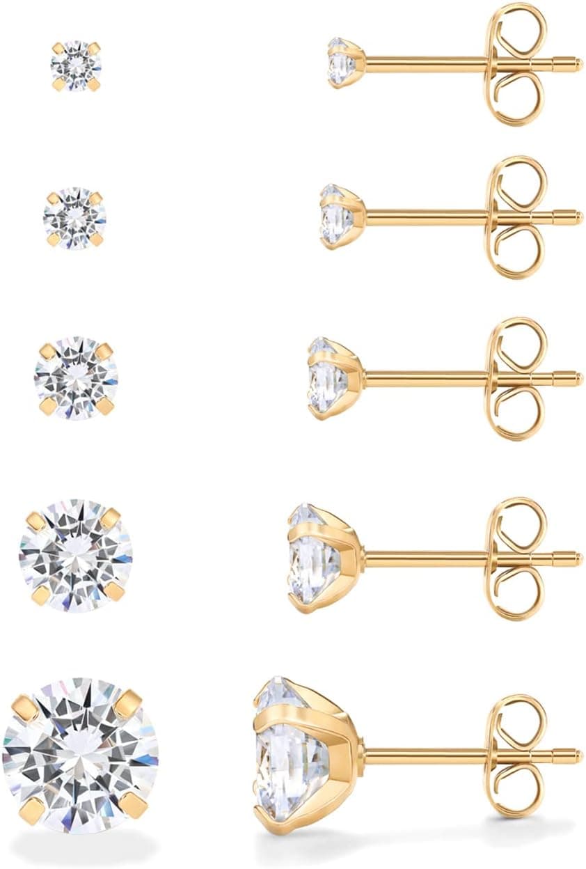 Yellow-gold CZ stud earrings — 14K gold plated, set of 5