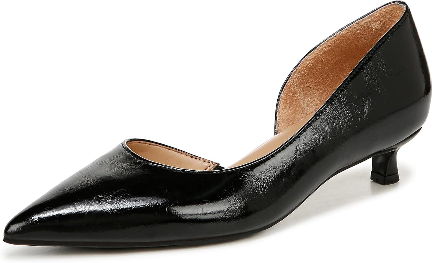 Black glossy pointed-toe pumps — Wide sizes shown through 10W
