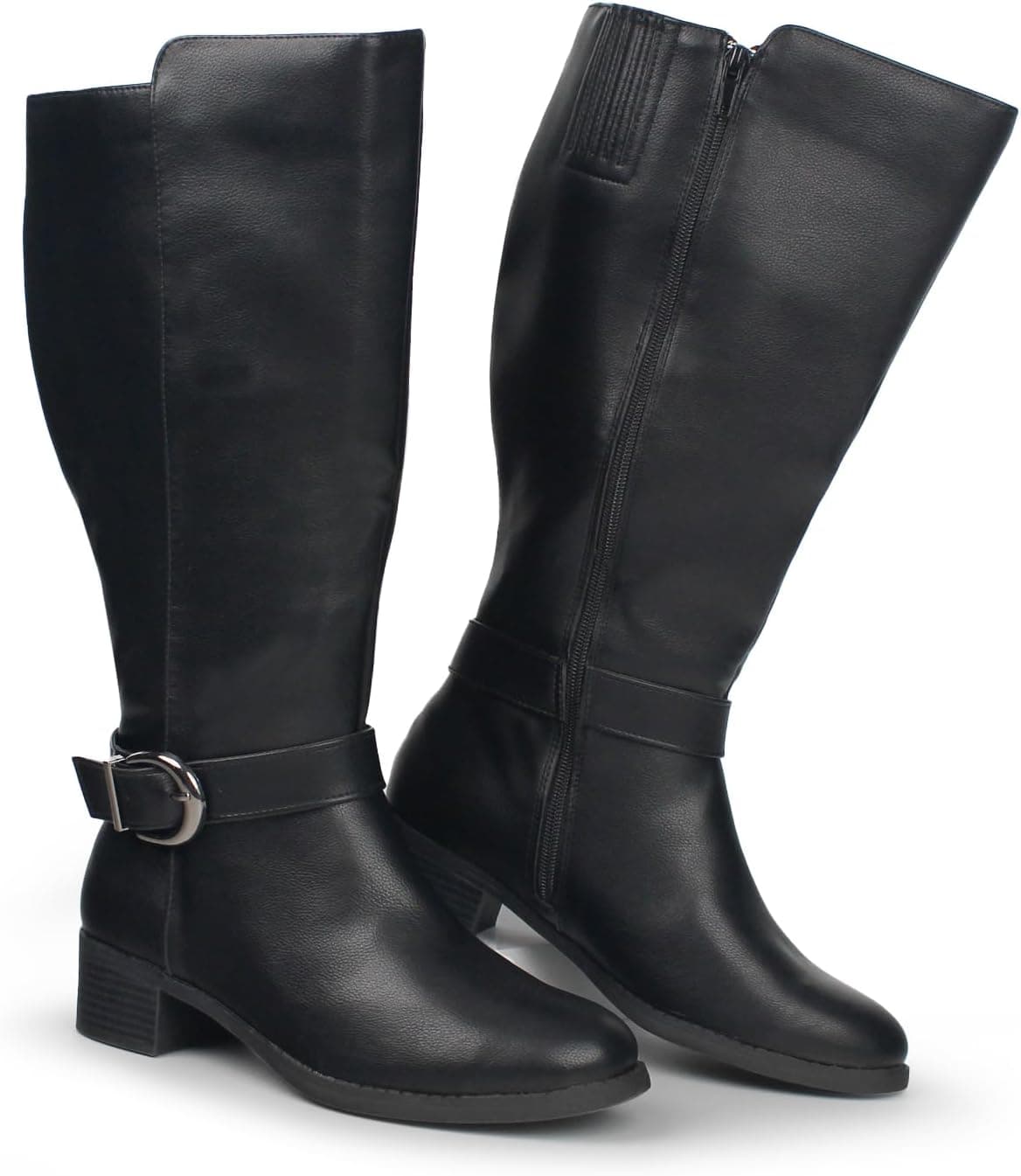 Black extra-wide-calf knee-high boots — sizes 6–12; closest glossy boot shape (matte finish)