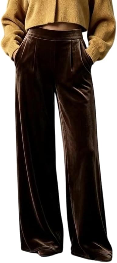 Chocolate-brown velvet wide-leg pants