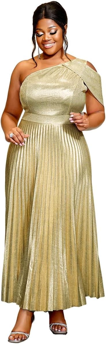 Light-gold metallic plus-size asymmetric dress