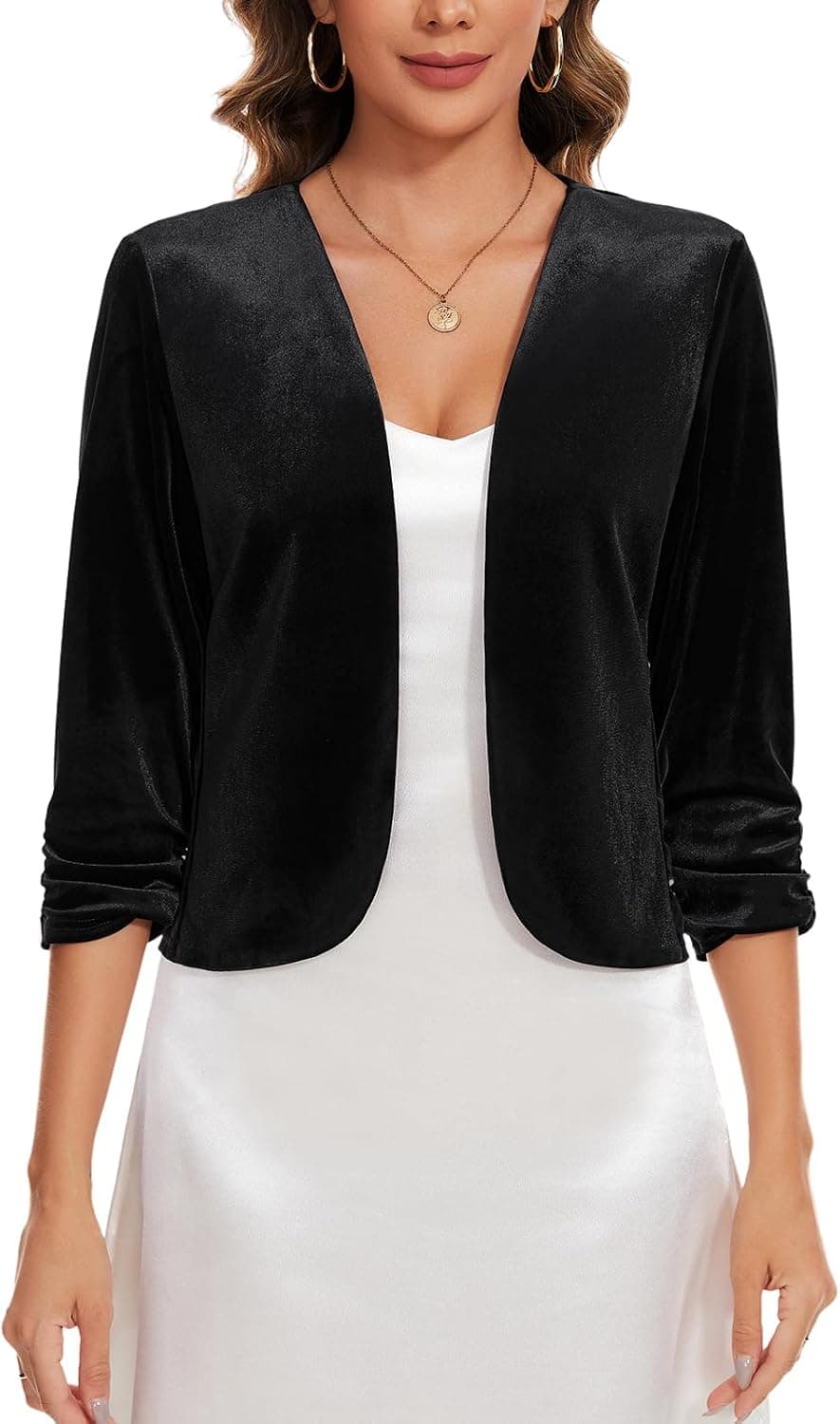 Black cropped velvet blazer/cardigan — sizes S–XXL; closest cropped layer (not explicitly plus)