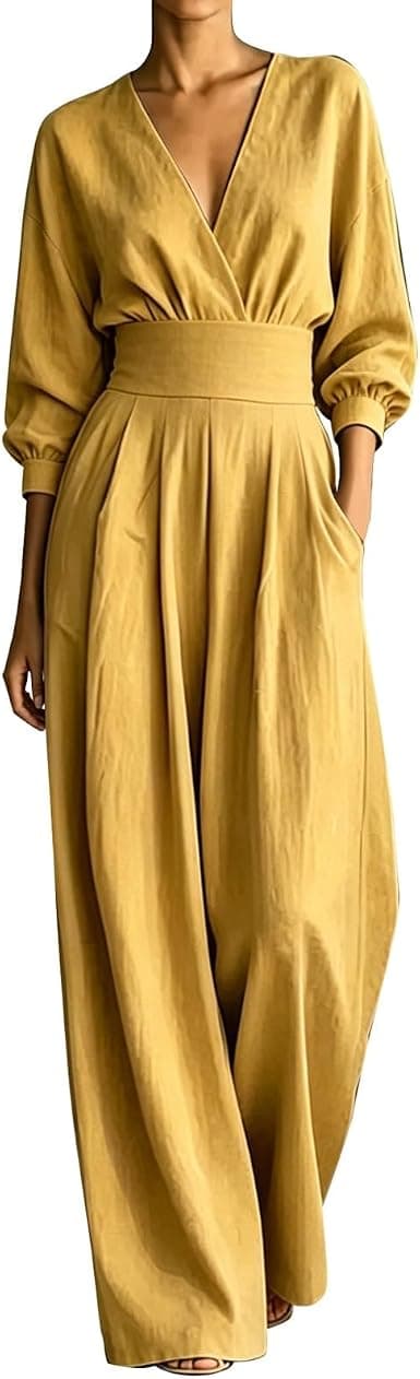 Yellow plus-size wrap wide-leg jumpsuit