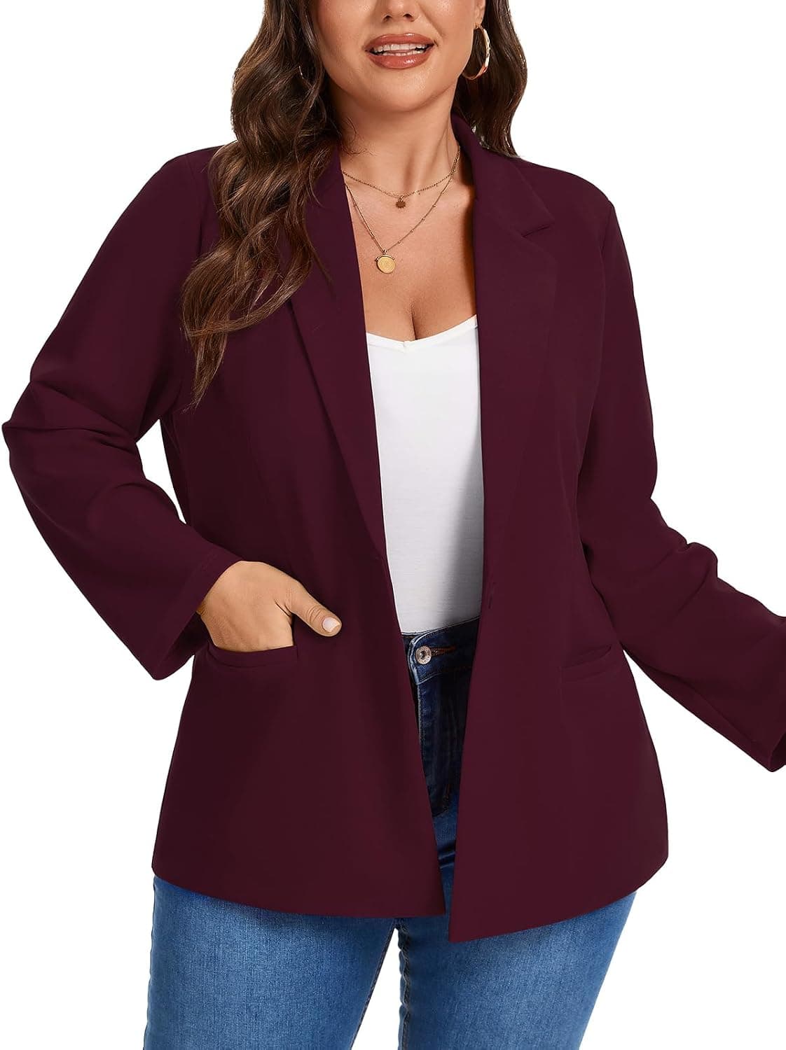 Wine-red plus-size blazer — closest maroon cropped-layer match, sizes XL–5XL; longer than source crop