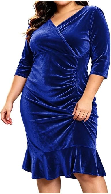 Royal-blue plus-size velvet ruffle-hem dress