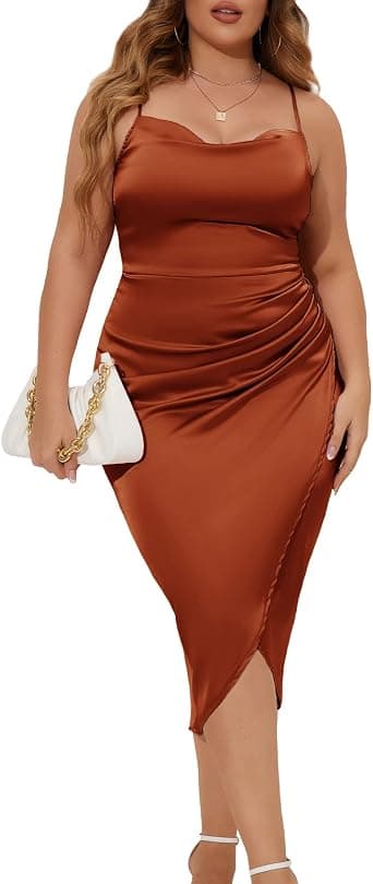 Rust-brown plus-size satin cowl-neck dress