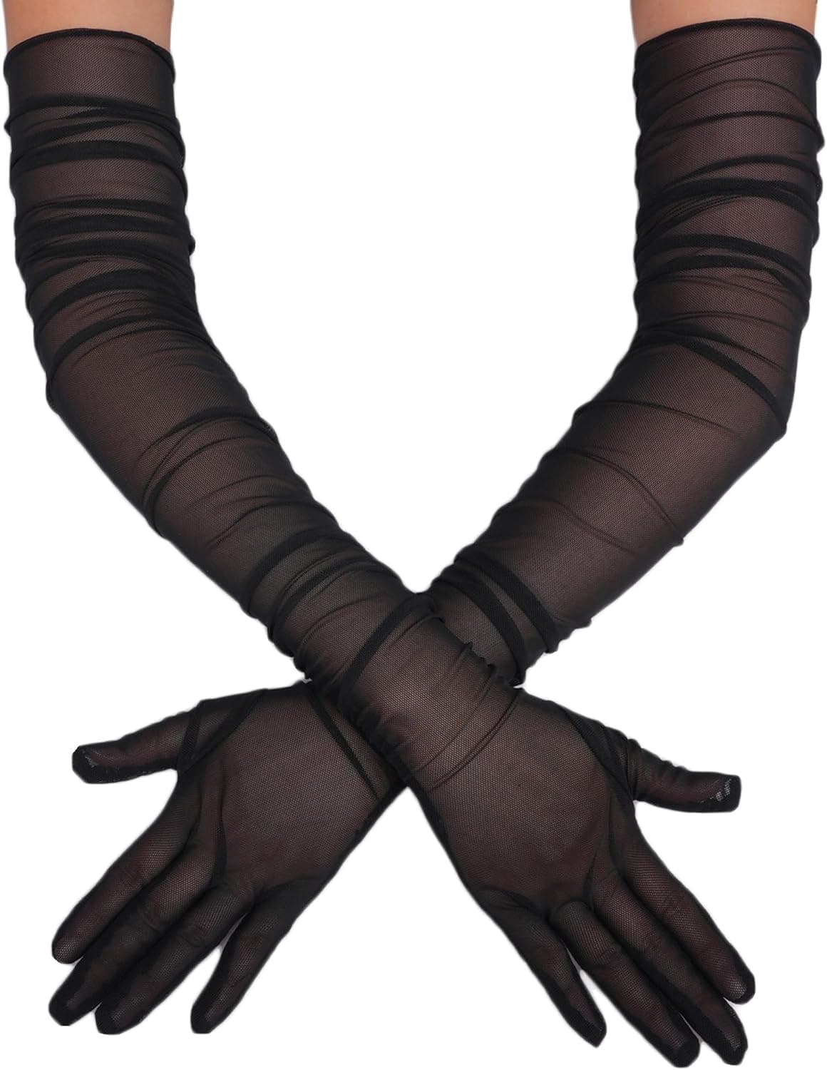Black sheer tulle mesh opera gloves — one size