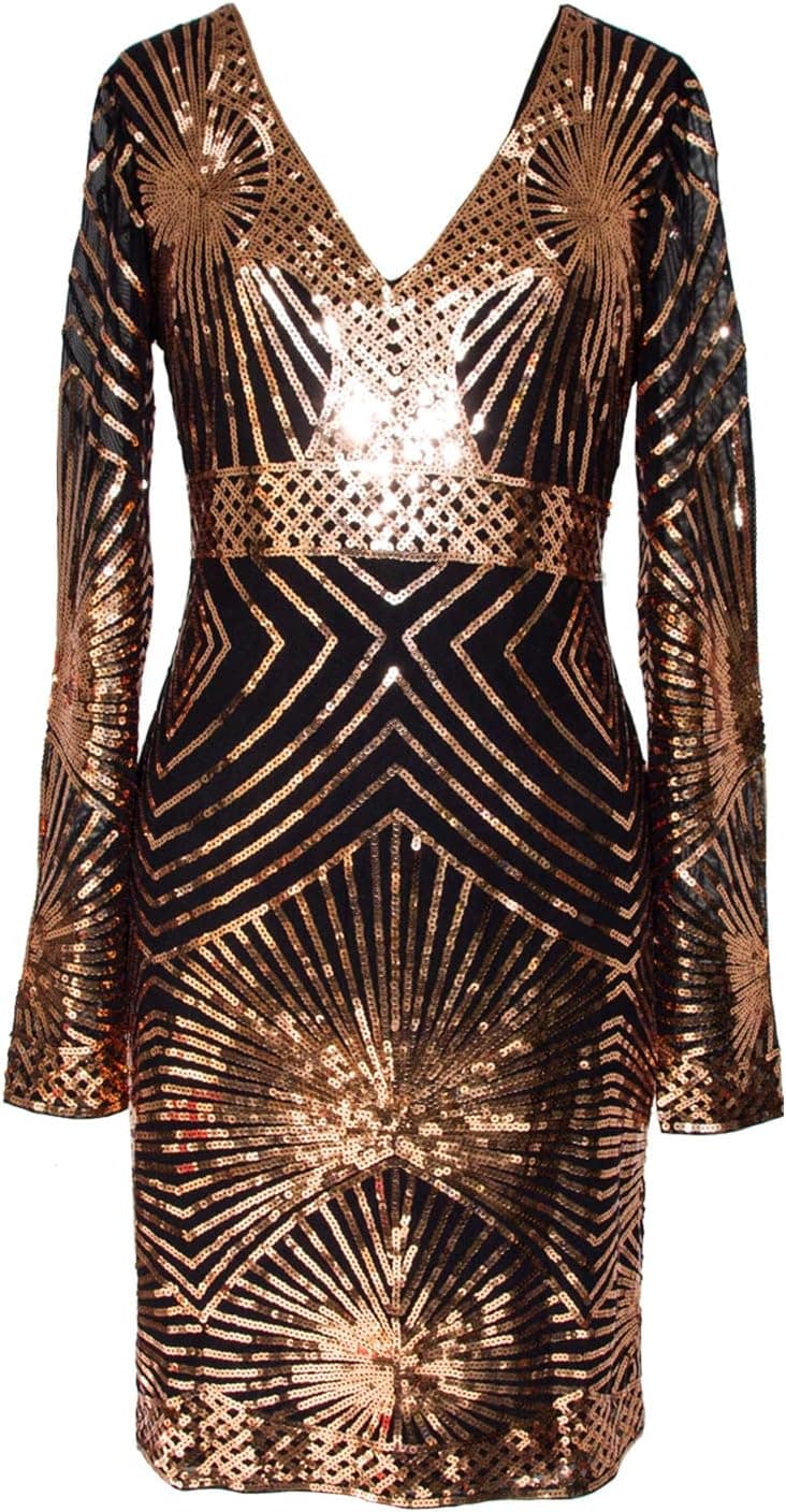 Rose-gold/black geometric sequin long-sleeve midi — closest fitted match, sizes S–3XL