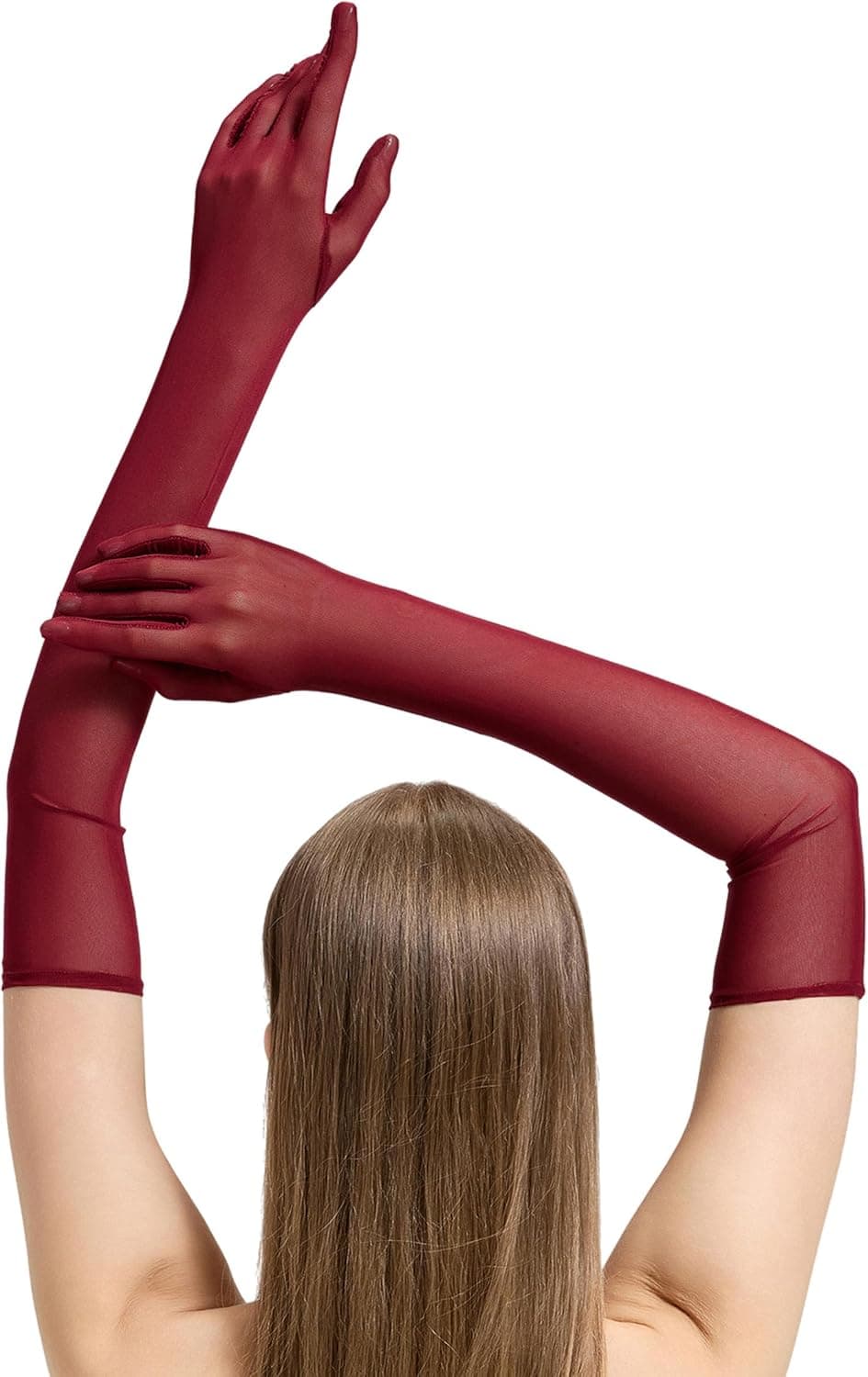 Burgundy sheer mesh opera gloves — 21-inch over-elbow
