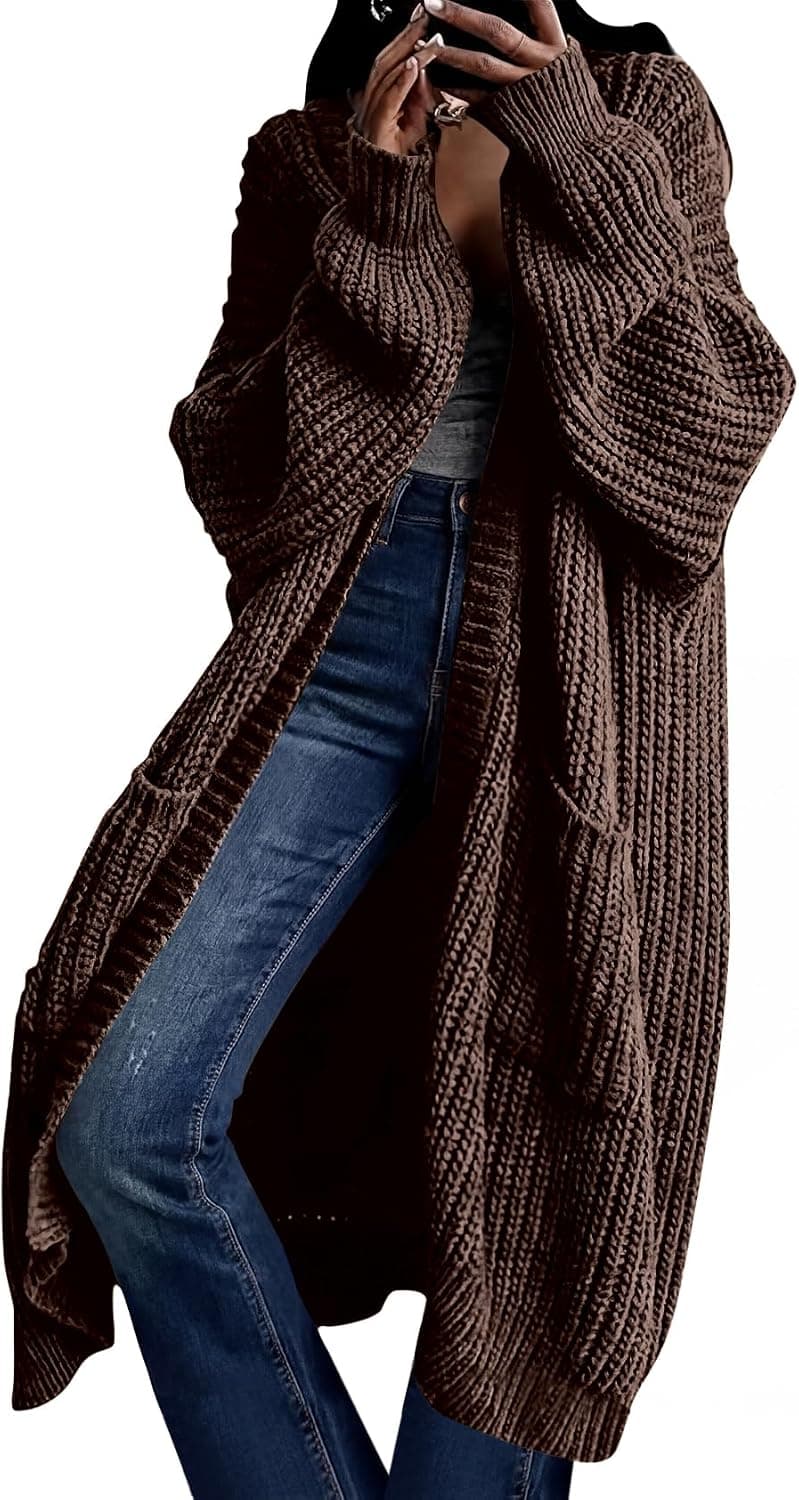 Coffee-brown long open duster cardigan — closest plus-size dark-brown coat, sizes S–5XL
