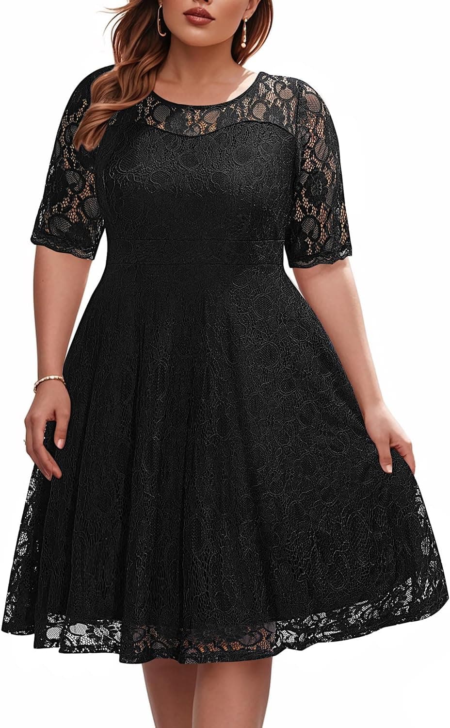 Black plus-size floral lace cocktail midi dress — sizes 14 Plus–26 Plus