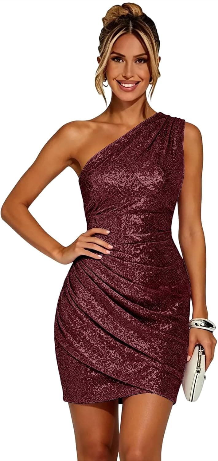 Burgundy one-shoulder short dress — closest bow-shoulder match, extended sizes 0–26; sequin finish rather than source velvet