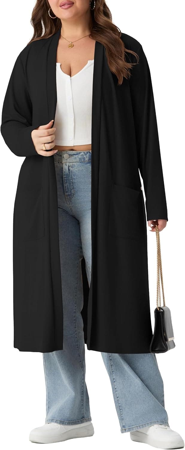 Black plus-size long duster cardigan — sizes 1X–5X