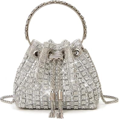Silver rhinestone clutch with chain