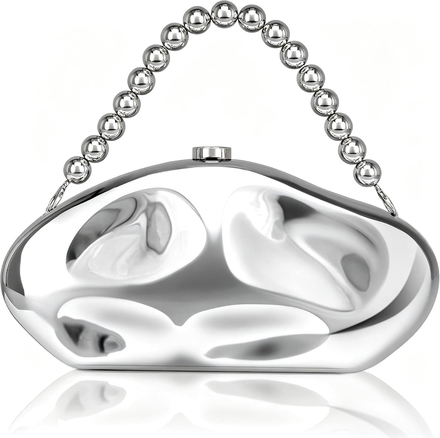 Metallic-silver irregular shell clutch — sculptural closest match