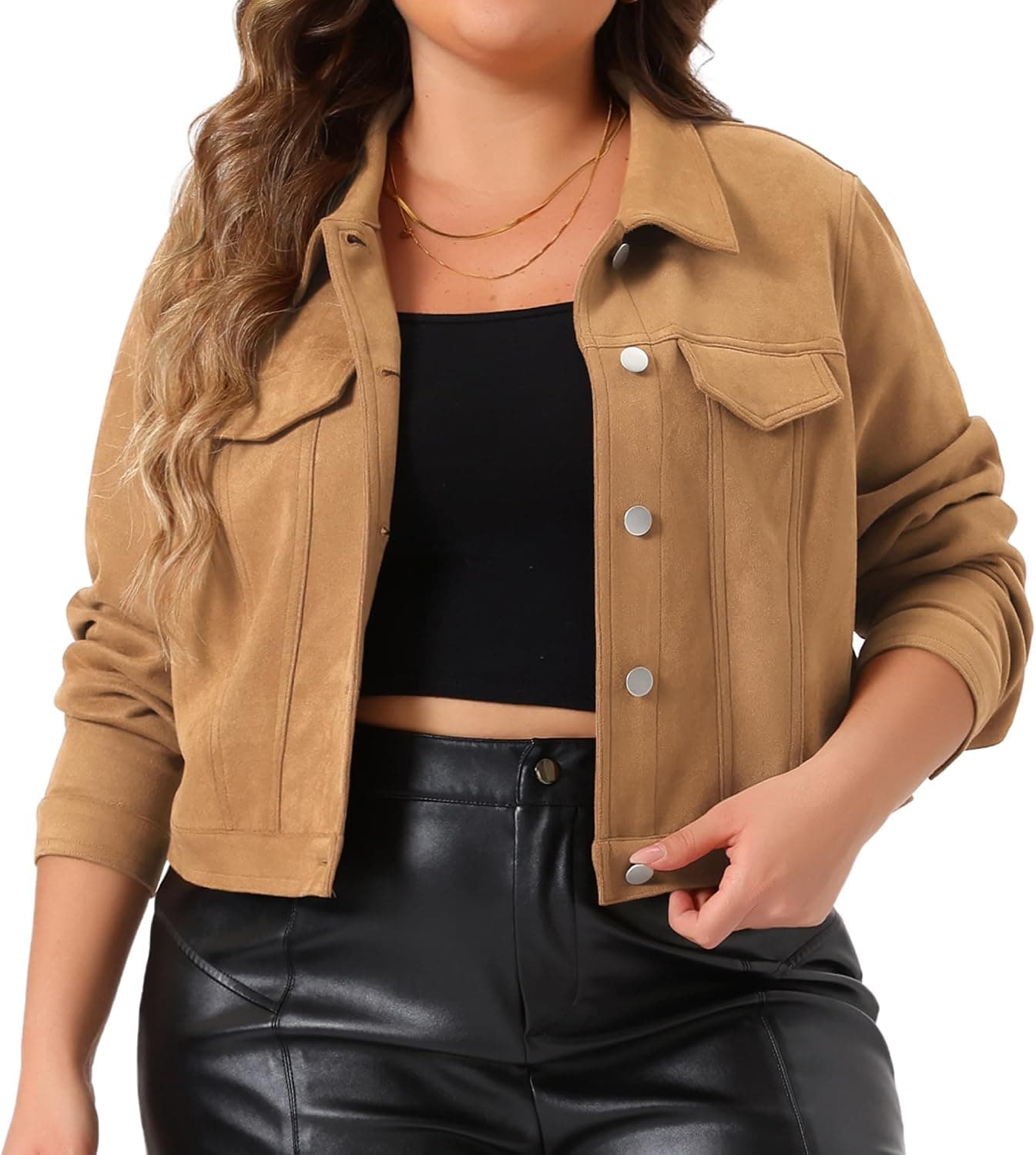 Brown plus-size cropped suede moto jacket — sizes 1X–4X