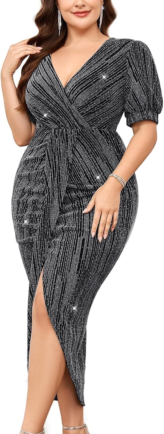 Silver sequin bodycon midi — closest gunmetal match with 1X–4X Plus options; not the exact striped sleeveless cut