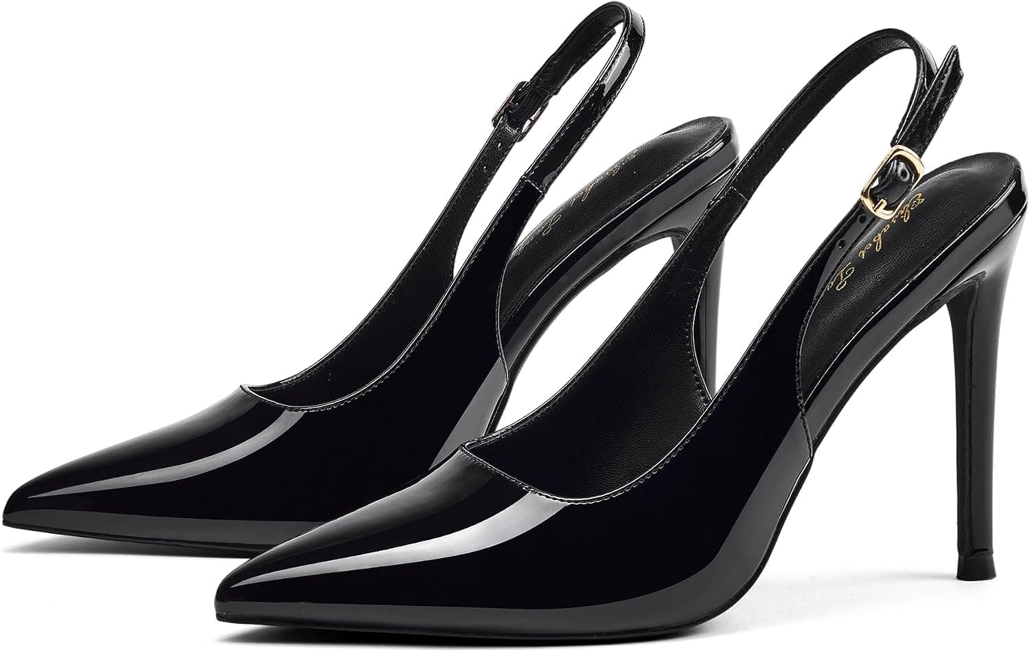 Black patent pointed slingback pumps — sizes shown through 8