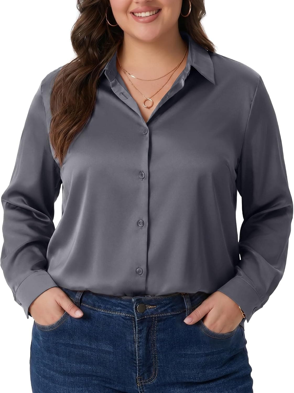 Gray plus-size satin button-down shirt — sizes 1X–5X