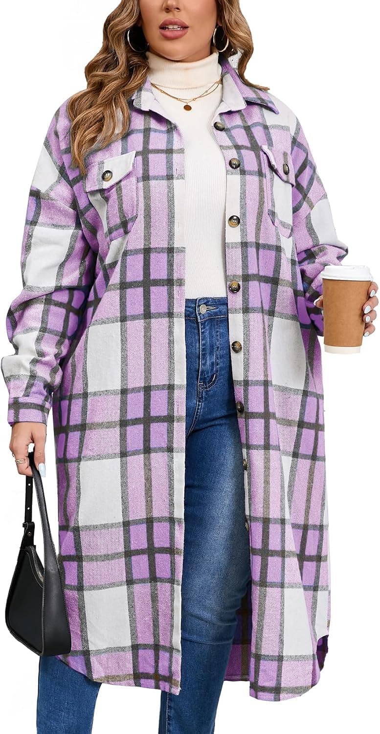 Purple plus-size long plaid coat/shacket — sizes XL Plus–5XL Plus; closest lavender plaid layer