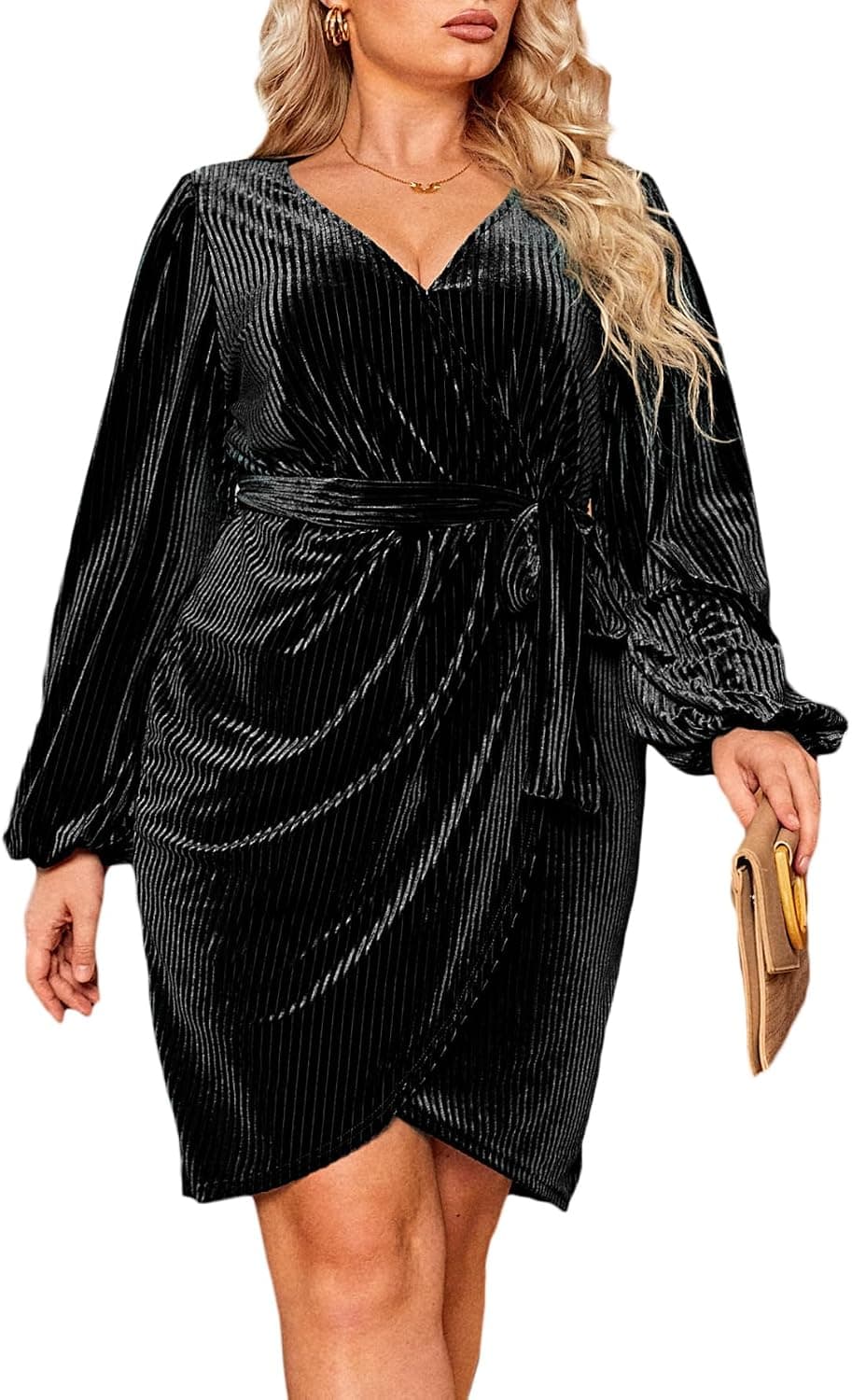 Black plus-size velvet wrap mini dress — sizes XL Plus–4XL Plus
