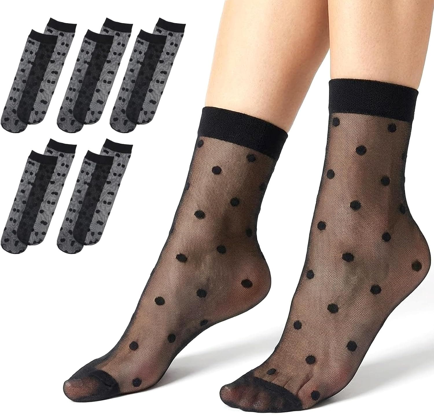 Black sheer polka-dot ankle socks — 5-pair set
