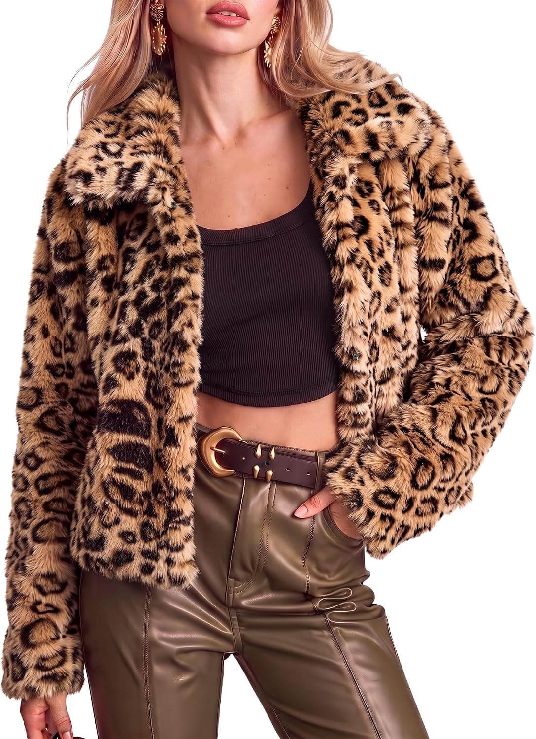 Light-brown leopard faux-fur jacket — closest size-inclusive printed layer, sizes S–XXL and longer than the source bolero
