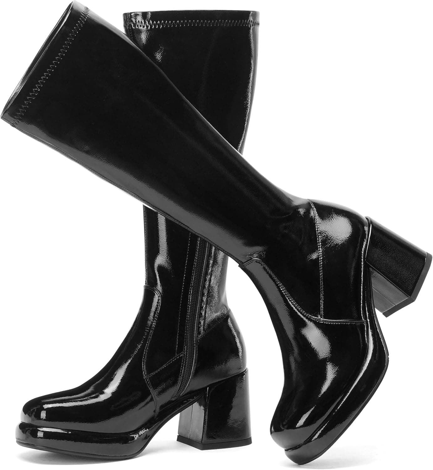 Black patent stretch knee-high boots — sizes 5–11
