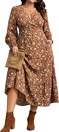 Brown floral plus-size long-sleeve maxi dress